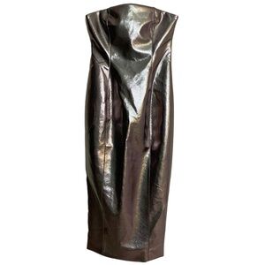 7 for all mankind silver metallic faux leather strapless pencil midi dress